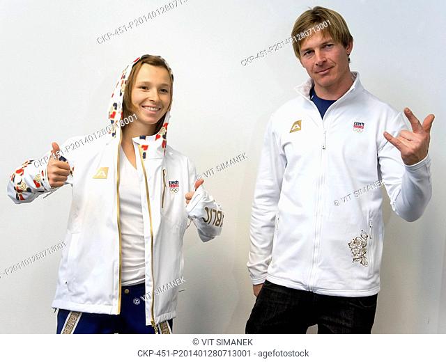 A member of Czech Republic sport team for snowboarding for the Winter Olympic Games in Sochi, Sarka Pancochova and her coach Martin Cernik took up olympic dress...