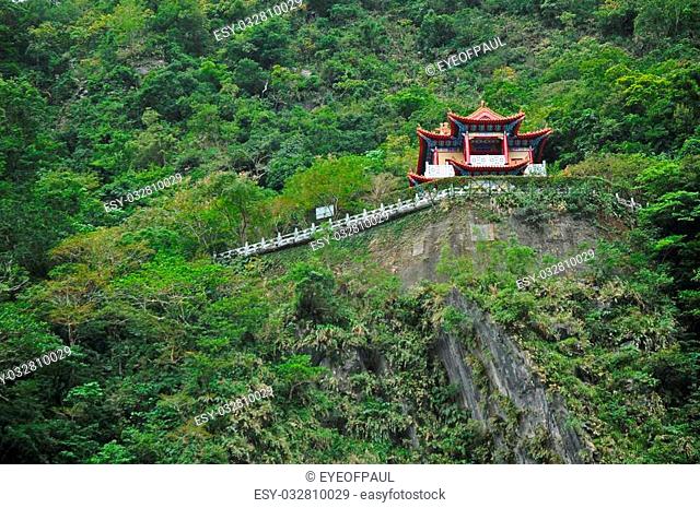 Red Changchun shrine in Taroko Gorge, Hualien, Taiwan