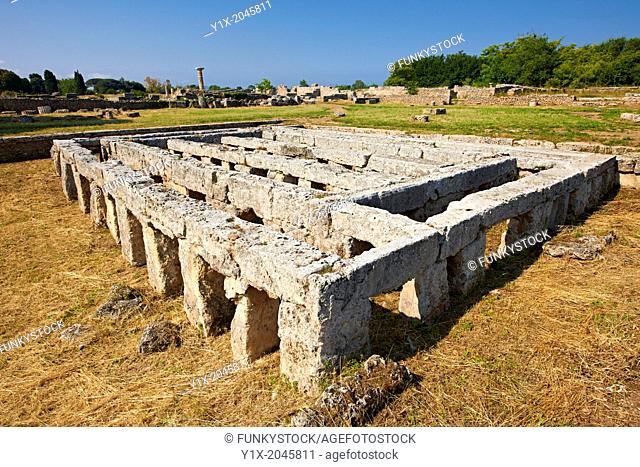Base of a Roman Temple ( 200 BC) in Paestum dedicated to the Capitoline Triad, Jupiter, Juno and Minerva, in the Roman Forum