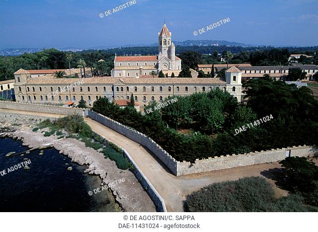 View of the modern monastery, 19th century, fortified monastery, Lerins abbey, Saint Honorat island, Provence-Alpes-Cote d'Azur, France