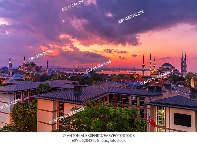 Beautiful sunset over the Hagia Sophia and the Blue Mosque, Istanbul panorama