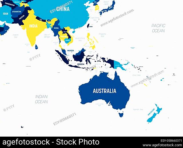 Australia and Southeast Asia map - brown orange hue colored on dark background. High detailed political map of australian and southeastern Asia region with...