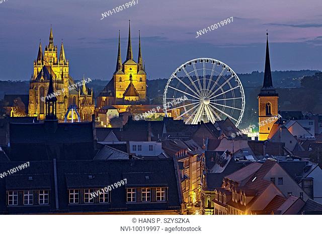 View of Erfurt with Ferris wheel, Cathedral and St. Severus Church at Oktoberfest, Thuringia, Germany