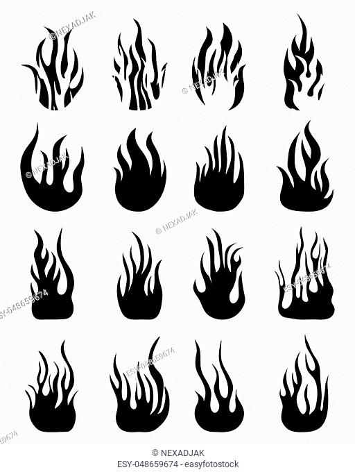 Black silhouettes of fire flames, set icons