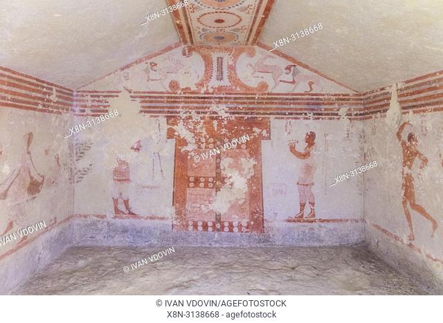 Tomb interior, Monterozzi necropolis, Tarquinia, Lazio, Italy