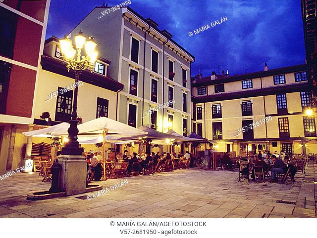 Terraces in El Fontan Square, night view. Oviedo, Asturias, Spain