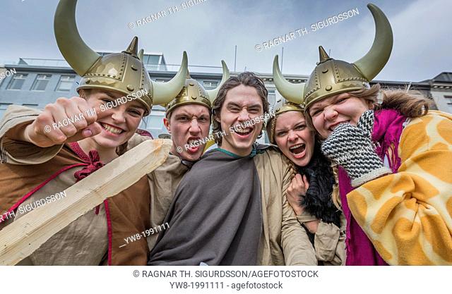 Students dress in costumes to celebrate graduation from Secondary School or High School, Reykjavik, Iceland. In Icelandic the celebration is known as Dimitering...