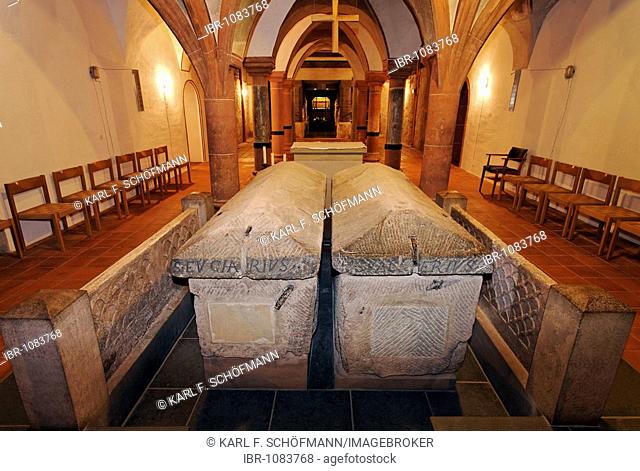 Graves of Eucharius and Valerius, Sarcophagus, crypt, St Matthias Basilica, Trier, Rhineland-Palatinate, Germany, Europe