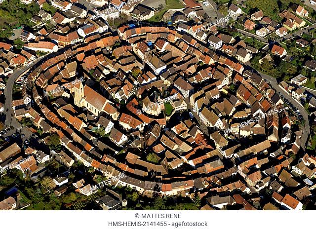France, Haut Rhin, Alsace Wine Route, Eguisheim, labelled Les Plus Beaux Villages de France (The Most Beautiful Villages of France) (aerial view)