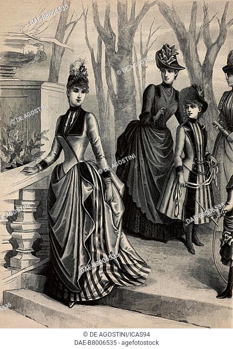 Woman wearing a moire and bengaline pekin dress, woman wearing a light moire Drap dres, draped skirt, an 8-10 year-old girl in a dress with striped and velour...