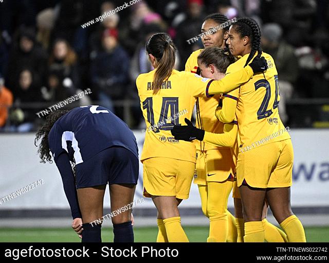 Barcelona's Salma Paralluelo (C) and team mates celebrate gal 0-2 during the UEFA Women's Champions League group A soccer match between FC Rosengard and FC...