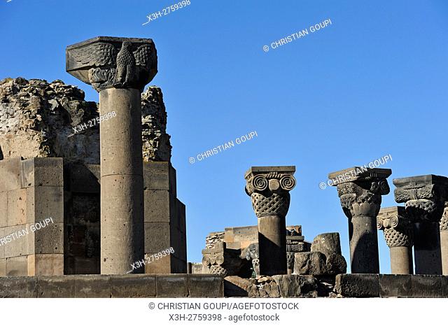 rebuilt sections of the ruins of Zvarnots Cathedral, located near the city of Vagharshapat (commonly known as Ejmiatsin), UNESCO World Heritage Site