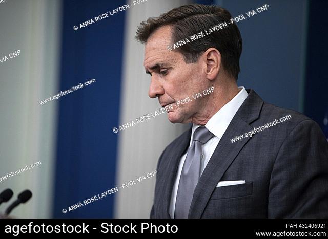 John Kirby, national security council coordinator, pauses before answering a question during a news conference in the James S