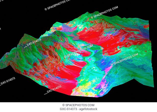 This 3-D perspective view looking north over Death Valley, California, was produced by draping nighttime thermal infrared data over topographic data