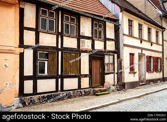 TANGERMUENDE, GERMANY - APRIL 24, 2021: Old street of a historic town of Tangermuende. Saxony-Anhalt state