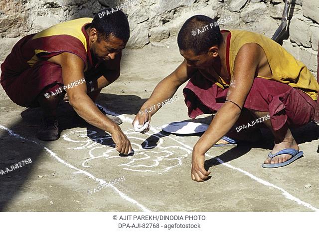 Buddhist Lamas making Rangoli , Samtanling Gompa , Sumar Village , Nubra Valley , Ladakh , India