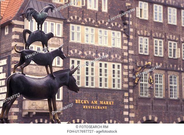 Bremen, Germany, Europe, The Bremen Town Musician statue Am Markt in downtown Bremen
