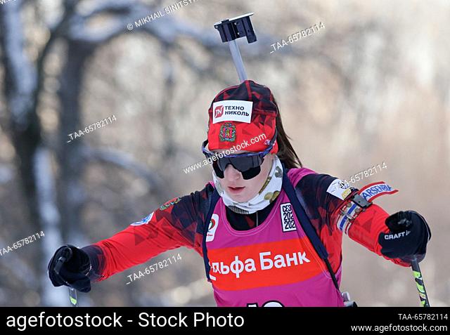 RUSSIA, UFA - DECEMBER 15, 2023: Russia's Zhanna Maksimovich competes in the ladies' sprint in Stage 2 of the 2023/2024 Commonwealth Biathlon Cup at Biatlon...