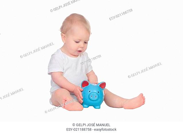 Adorable blonde baby in underwear with a blue moneybox
