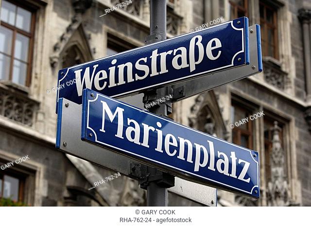 Street signs for Marienplatz and Weinstrasse, Munich Munchen, Bavaria Bayern, Germany, Europe