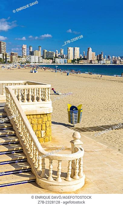 A white stairs in the beach of Benidorm, Alicante north, Spain