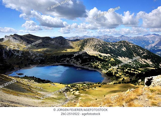 Panorama view with mountain lake Allos, Alpes-de-Haute-Provence, French Alps, France