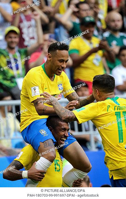 02 July 2018, Russia, Samara: Soccer, World Cup 2018, round of 16, Brazil vs Mexico at the Samara stadium. Brazil's Neymar (above)