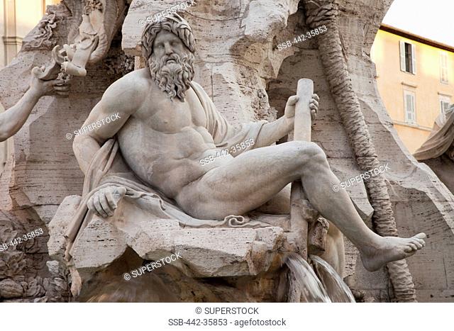 Italy, Rome, Detail of Fountain of the Four Rivers, showing river-god Ganges