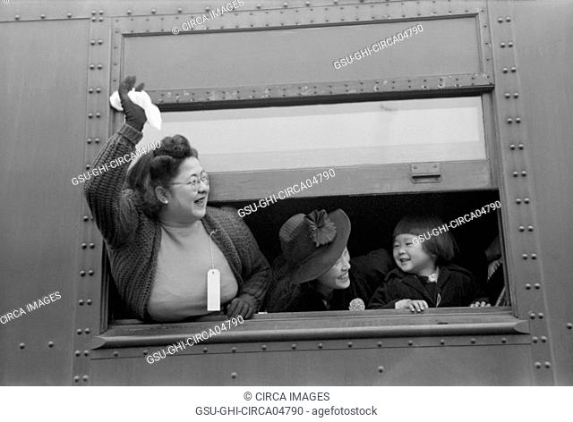 Japanese-Americans on Train to Owens Valley During Evacuation of Japanese-Americans from West Coast Areas under U.S. Army War Emergency Order, Los Angeles
