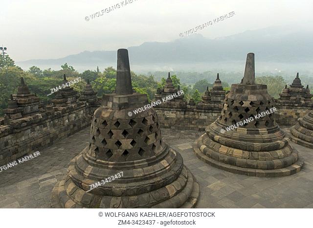 View from the top platform of Borobudur temple (UNESCO World Heritage Site, ninth-century), the largest Buddhist temple in the world