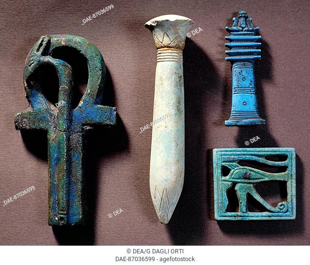 Egyptian art - ankh ankh, symbol of life; column papiroforme; djed-pillar, a symbol of the spine of Osiris; udjat-eye, symbol of regeneration  Turin
