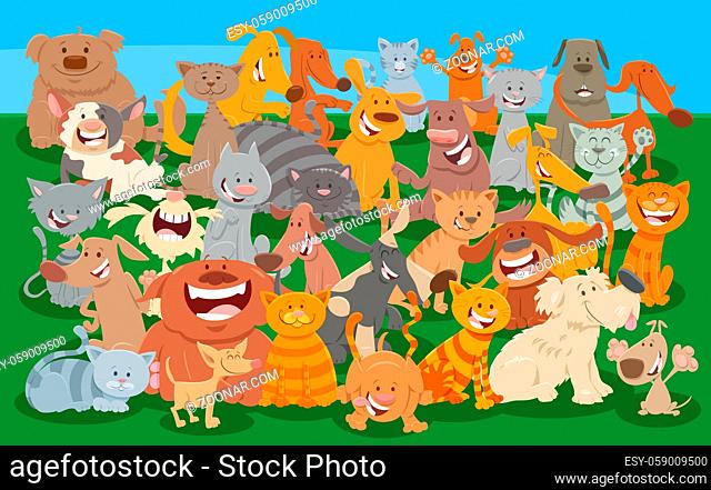Cartoon illustration of comic cats and dogs funny animal characters big group