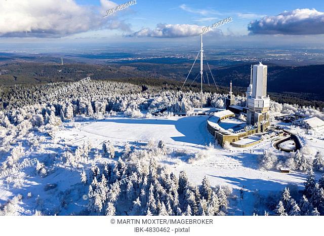 Drone shot, transmission mast of the Hessian radio, Grosser Feldberg in winter above the snowfall line, Hesse, Germany