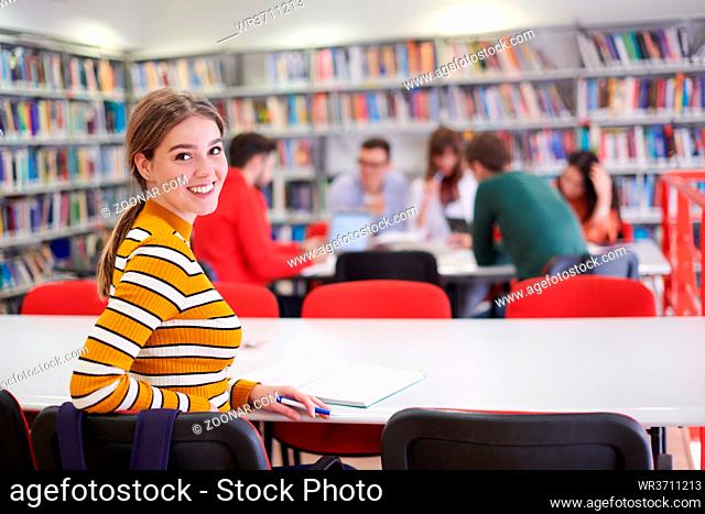 Female student taking notes from a book at library. Young woman sitting at table doing assignments in college library