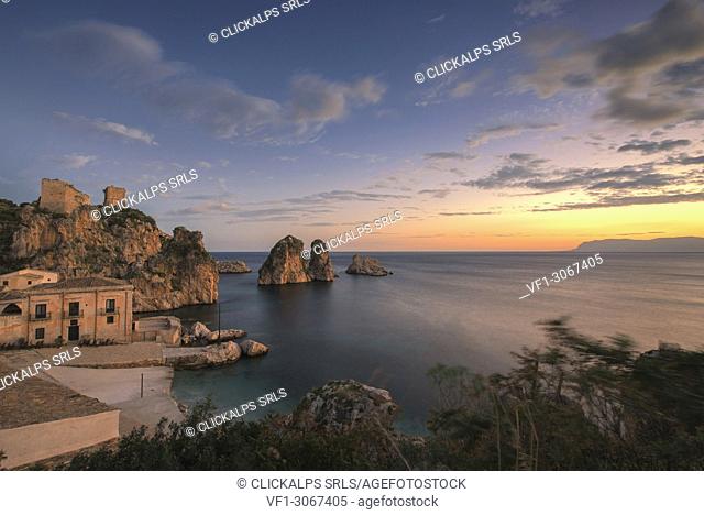 A beautiful sunrise at the Tonnara di Scopello, Castellamare del Golfo, Trapani, Sicily, Italy, Europe