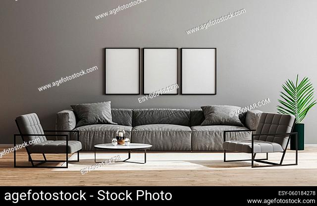 Blank black frames mock up in modern minimalist living room interior with gray sofa, armchairs and coffee table, living room interior background