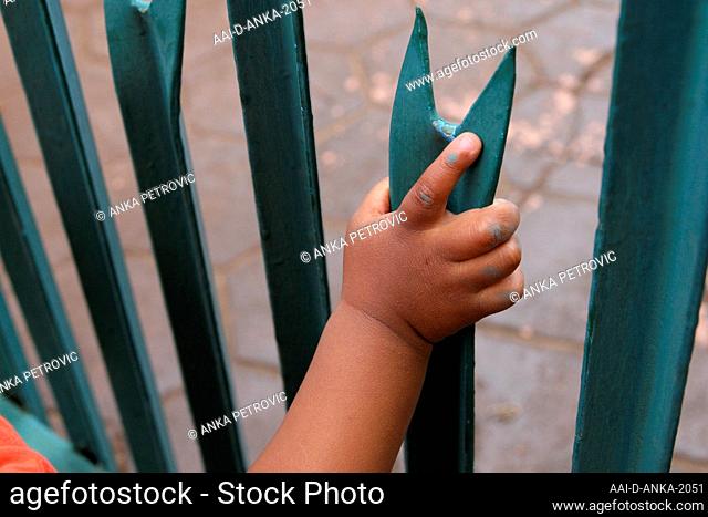 African baby toddler arm holding gate fence picket bar, Pretoria/Tshwane, Gauteng, South Africa