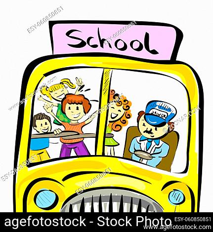 Illustration of doodle school bus with kids isolated on white background