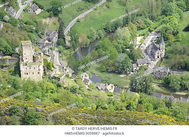 France, Aveyron, Belcastel, labeled Les Plus Beaux Villages of France, stop on the pilgrimage route (aerial view)