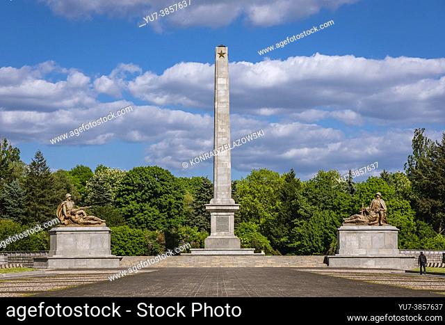 Obelisk of Soviet Military Cemetery with graves from WW2 in Mokotow district of Warsaw city, Poland