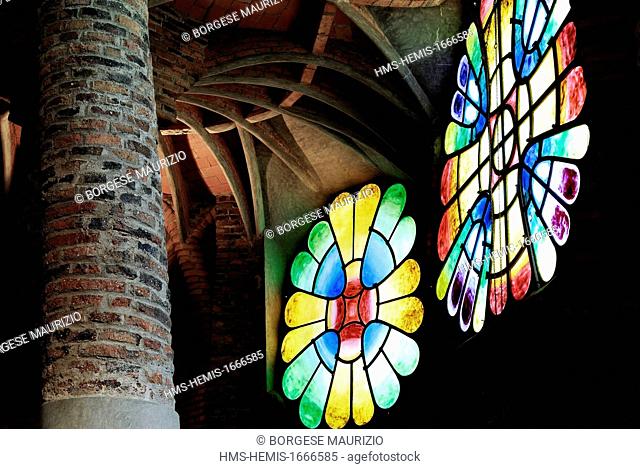 Spain, Catalonia, Santa Coloma de Cervello, stained glasses of the church of Colonia Guell built between 1908 and 1914 by architect Antoni Gaudi