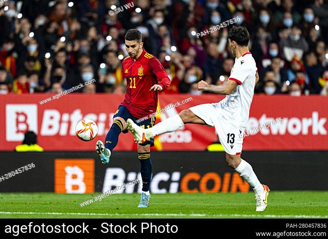 Ferran Torres (Spain) duels for the ball against Laci (Albania) during football match between Spain and Albania, at Cornella-El Prat Stadium on March 26