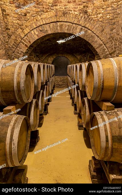 wine cellar with wooden barrels, Szekszard, Southern Transdanubia, Hungary