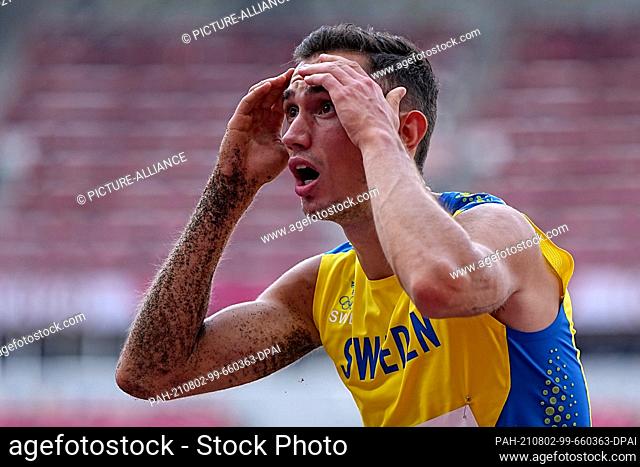 02 August 2021, Japan, Tokio: Athletics: Olympics, long jump, men, final, at the Olympic Stadium. Thobias Montler of Sweden reacts