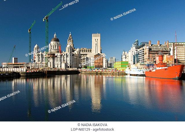England, Merseyside, Liverpool, Albert Docks and waterfront with the Royal Liver Building in the distance