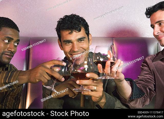 Multi-ethnic men toasting with drinks