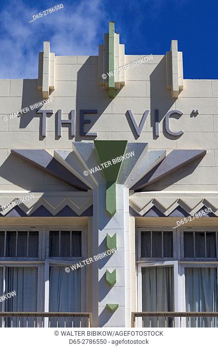 New Zealand, North Island, Wellington, Cuba Street, detail of The Vic building