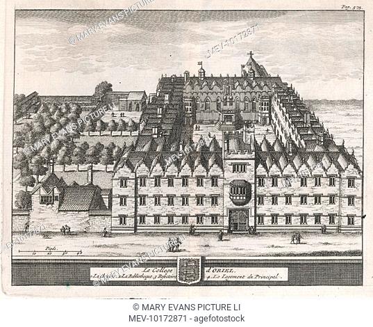 A bird's-eye view of the college showing the chapel, dining hall, library and the Dean's lodgings. One of 39 engravings made of Oxford Colleges by Loggan