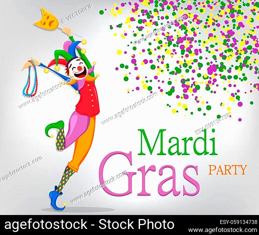 Mardi Gras jester in a mask holding necklaces for poster, greeting card, party invitation, banner or flyer on background with colored dots