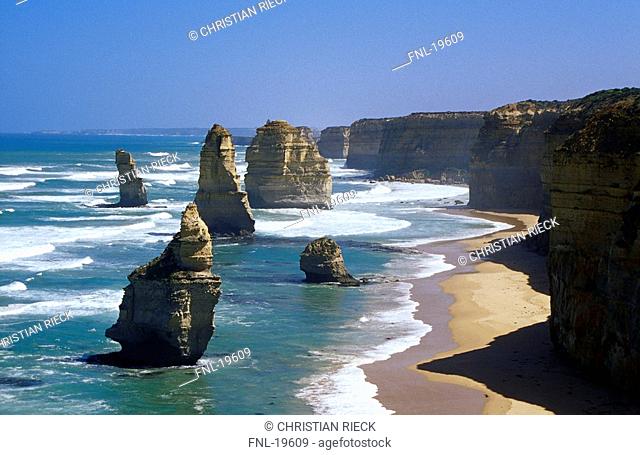 Chalk cliffs at seaside, Twelve Apostles Sea Rocks, Port Campbell National Park, Great Ocean Road, Victoria, Australia